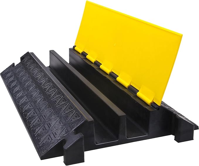 OranLite Large 2-Channel Rubber Floor Cable Protector Ramp, Heavy-Duty Floor Cable Wire Cord Cover Speed Bumps, Driveway Hose Cable Ramp Protective Cover (2 Large Channels)