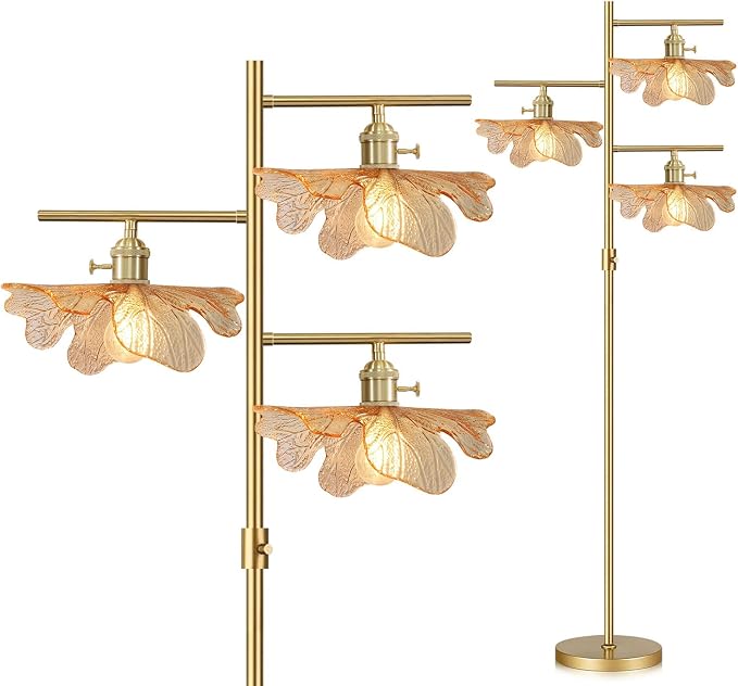 Vintage Floor lamp Dimmable Standing Lamps for Living Room, Modern Tall Floor lamp Gold Floor Lamps 65" Farmhouse Floor Lamps Amber Glass Tall lamp for Corner Bedroom Study Office Home