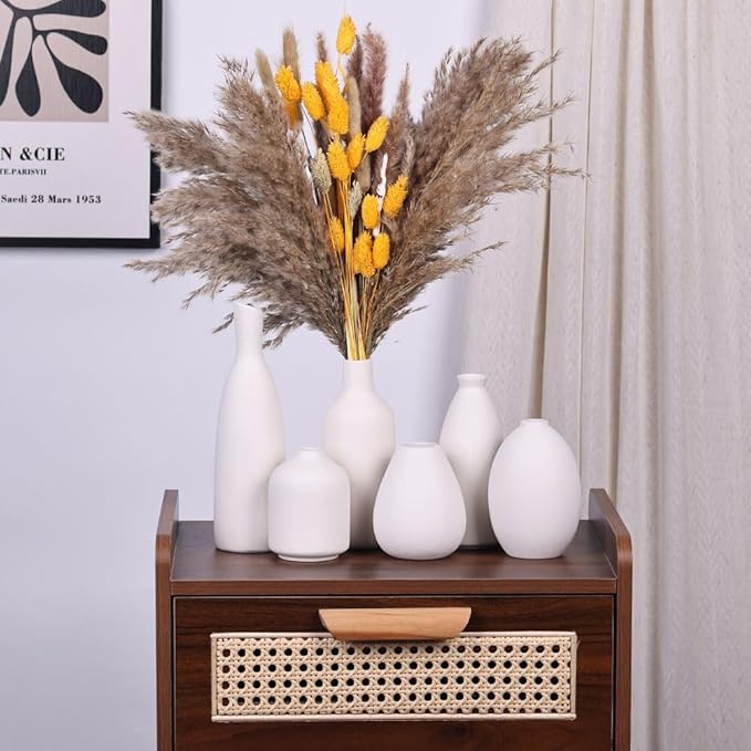 White Ceramic Vase Set of 6, Modern Boho Vases for Dry Flowers, Small White Vases for Decor, White Small Vases for Centerpieces in Bulk, Mini Small Flower Vases for Wedding Home Table Party Decor