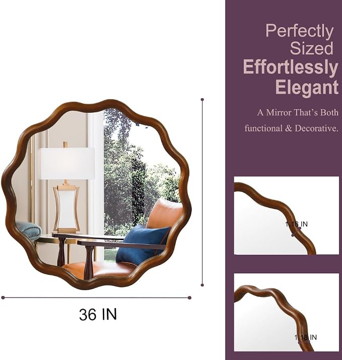 Elountik 36 Inch Wavy Round Solid Wood Frame Mirror with Black Walnut Finish, Decorative Wall Mirror for Living Room, Bathroom, Bedroom or Entryway