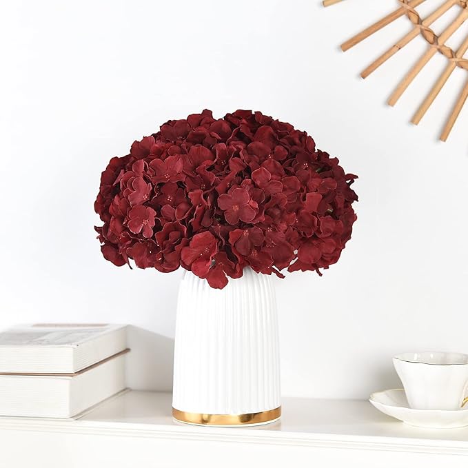 10PCS Artificial Hydrangea Flowers, Fake Hydrangea Silk Flowers Heads with Stems for Wedding Home Party Shop Baby Shower Decoration-Claret Red