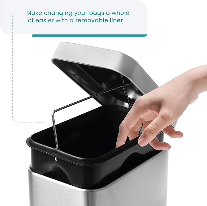 Home Zone Living 2-Pack 1.3 Gallon Small Bathroom Trash Can with Lid and Step Pedal, Stainless Steel Wastebasket with Slim Design for Home and Office, Silver, 5 Liters