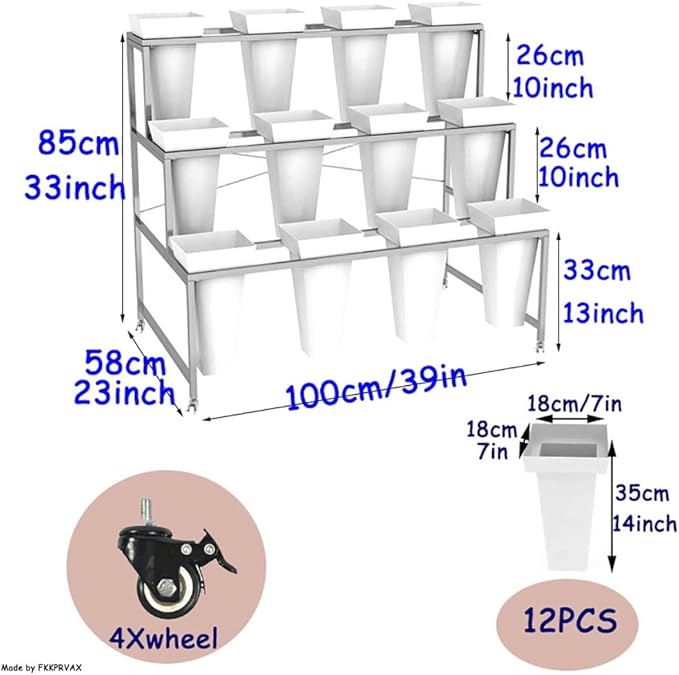 Flower Display Stand with 12pcs Bucket,Heavy Duty Plant Stand with Wheels,33in Tall Flower Cart 3 Tier Flower Shelf for Florist Garden Patio (White)