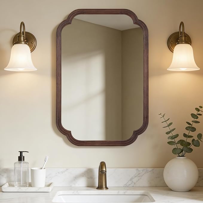 WallBeyond 20" x 30" Rounded Corner Arch Wall Mirror with Wood Frame for Entryway, Living Room or Bedroom Home Decor - Light Woodgrain [20" x 30" Walnut]