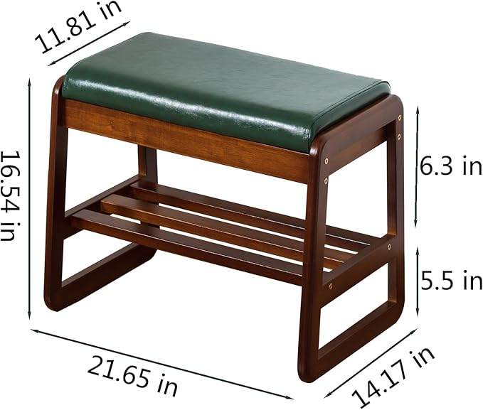 SOBIBO Solid Wood Shoe Bench, 2-Tier Entryway Bench with Cushion and Flip-Open Storage Box, Mid-Century Modern Shoe Bench Rack for Hallway, Mudroom(Green, 21.65'')