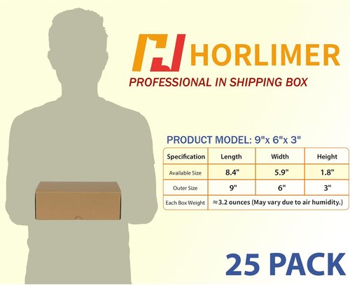 HORLIMER Shipping Boxes - 9x6x3 Inches, Set of 25 Brown Corrugated Cardboard Mailers
