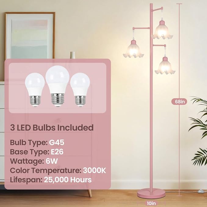 TOBUSA Pink Flower Floor Lamp for Living Room, 3-Light Vintage Standing Lamp with 3 E26 Bulbs, 68’’ Tall Corner Floor Lamp with Floral Lampshades, Modern Boho Floor Light for Bedroom Office Girls