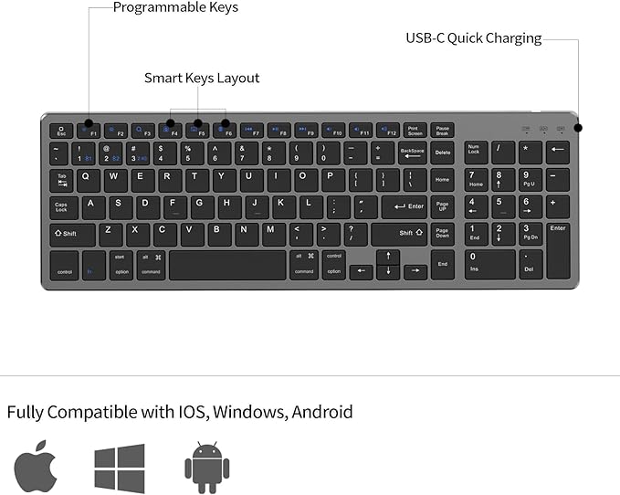 JKSML Wireless Keyboard with 102 Keys, Bluetooth and 2.4 GHz Wireless, Low Profile, Number Pad, Fluid Quiet Typing, 12 Programmable Keys, USB C Rechargeable, for Phone, Tablet, PC, Laptop, TV - Black