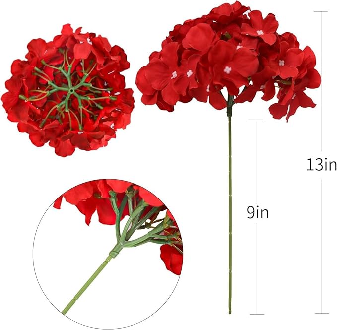 Fake Red Hydrangea Artificial Flowers - Faux Silk Hydrangeas Flowers Heads with Stems Real Touch for Home Wedding Party Table Decor(Red,Pack of 10)