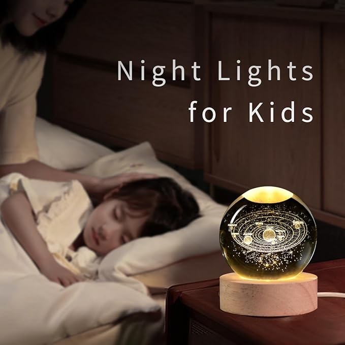 Solar System 3D Crystal Ball with LED Stand, 60mm Galaxy Model Decor Glass Sphere Lamp Night Light, Space Universe Astronomy Gifts for Women Men Mom Kids