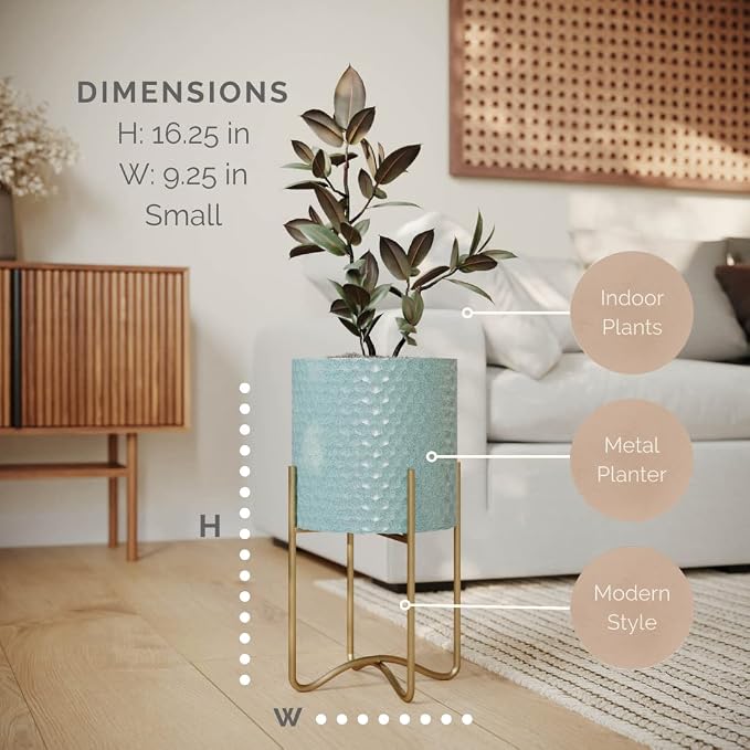 EverNest Mid-Century Modern Rhys Honeycomb Embossed Planter Pot with Ambrose Stand, Metal Indoor Plant Pots, Blue Green Bohemian Style (Small 1 Gallon)