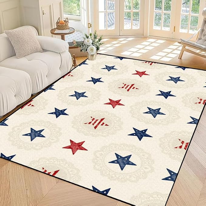 Star Area Rug 5'x7' Vintage Red Blue White Carpet Washable Low Pile Floor Mat Rugs for Bedroom Living Room Nursery Playroom Classroom Home Decor