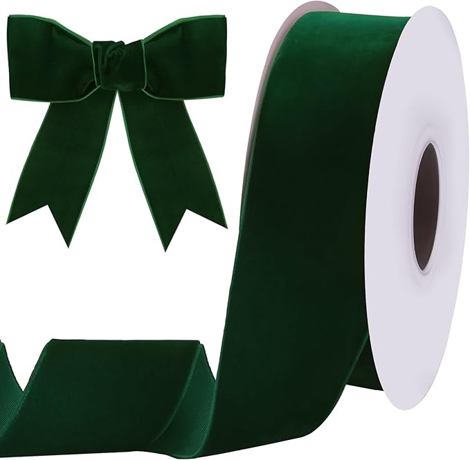 10 Yards Green Velvet Ribbon 2 Inch for Christmas Tree,Dark Greens Velvet Christmas Ribbon for Gift Wrapping Crafts Bow Wreath Holiday Decorations (Dark Green)