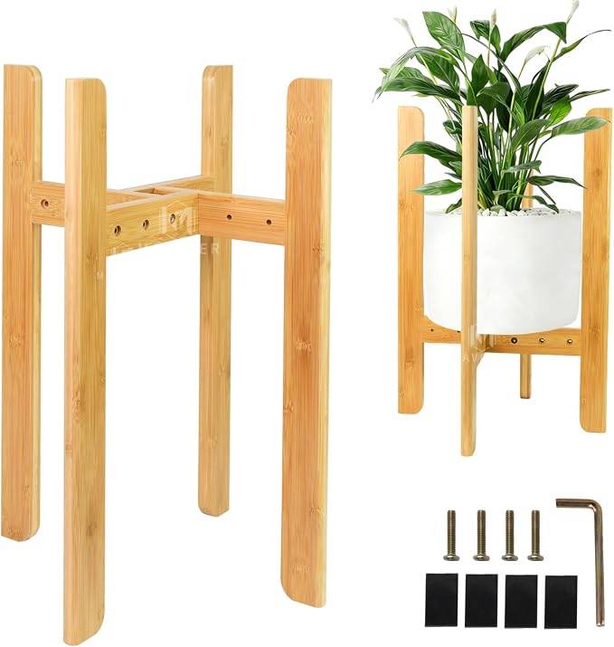 MAVOTER Adjustable Plant Stand Indoor,23.6" Tall Bamboo Mid Century Modern Plants Stands Fits 8-12 Inch Pots,Stable Single Floor Corner Flower Pot Holder for Living Room, Balcony