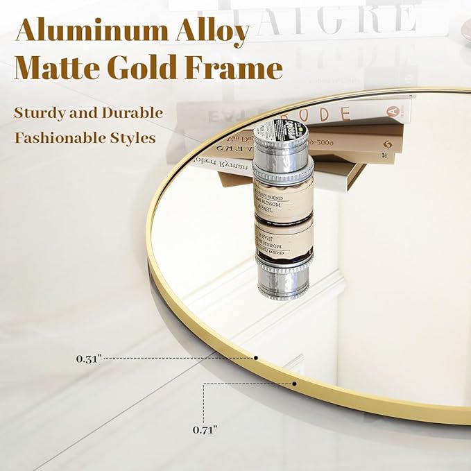 VooBang Gold Round Bathroom Mirror, 30 inch Circle Wall Mounted Hanging Mirror with Simple Modern Circular Metal Frame for Hallway, Entryway, Living Room, Gold Frame