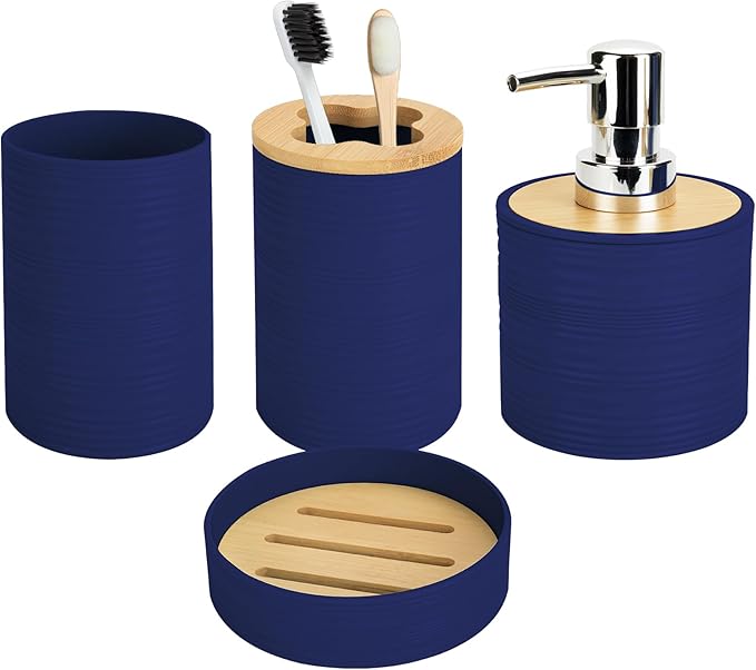 4 PCS Navy Blue Bathroom Accessories Set, Includes a Soap Dispenser, Toothbrush Holder, Soap Dish and Mouthwash Cup, Plastics & Bamboo Bathroom Set, Bohemian Style Bathroom Sink Set