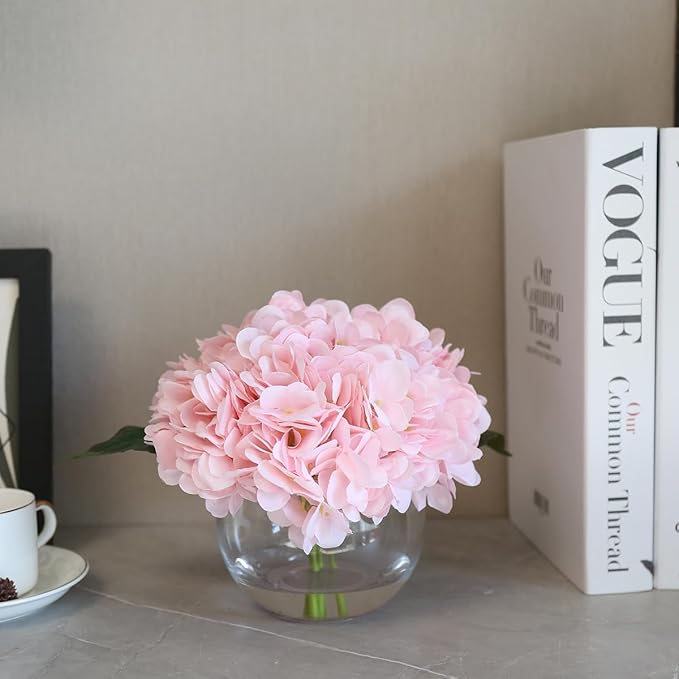 Hydrangea Artificial Flowers with Vase Blue Silk Fake Flowers Arrangements in Glass Vase with Faux Water for Home Decor Indoor (Pink)
