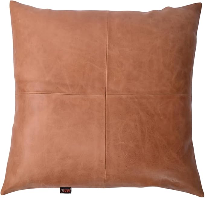 D DOLLY LAMB Lambskin Leather Pillow Cover - Sofa Cushion Case - Decorative Throw Covers for Living Room & Bedroom, 14x14 Inches - Antique Brown Plain