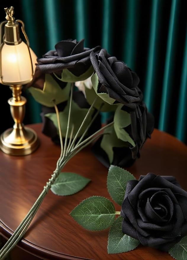 Black Artificial Roses 25pcs, Real Looking Fake Foam Flowers with Stems for DIY Gothic Wedding Bouquets, Centerpieces, Party, Halloween, Home Dark Decor