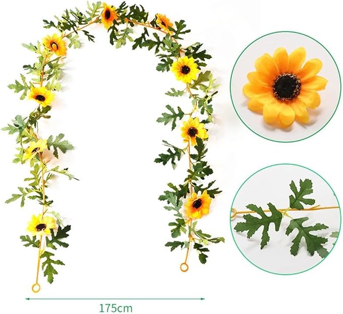 Artificial Sunflower Vine 175cm, Fake Sunflowers Garland with Yellow Silk Flowers and Green Leaves for Wedding Party Home Decor, 2 Pack