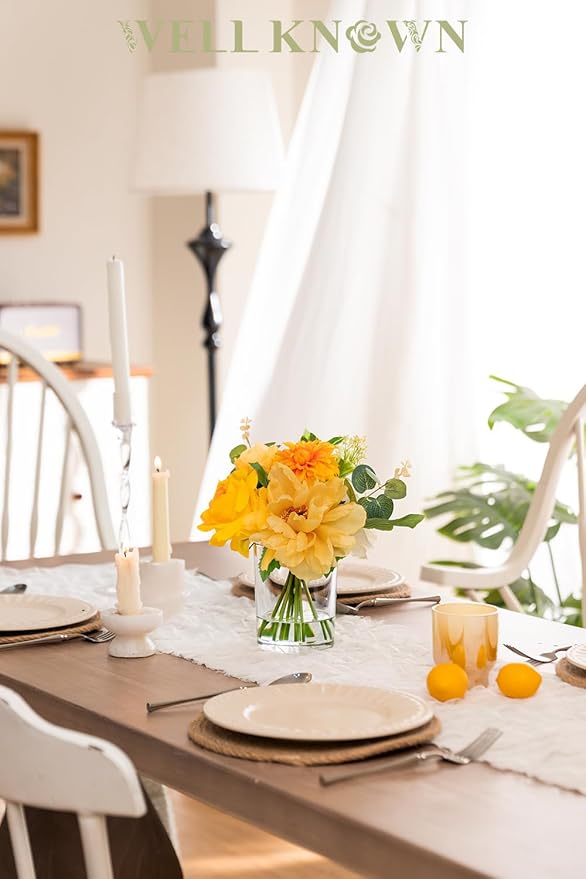 WELL KNOWN Artificial Flowers in Glass Vase with Fake Water, Silk Peony Rose Flower Bouquet for Home Dinning Tea Table, Office Desktop, Hotel, Wedding, Party, Lavatory Decor & Gift (Yellow & Orange)