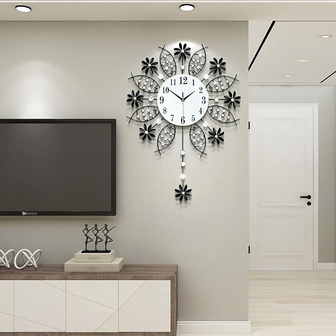 Large Wall Clock for Living Room Decor, Giant Big Silent Modern Battery Operated Glass Pendulum Wall Clock for Kitchen, Bedroom, Oversized Non Ticking Crystal Wall Clock,22 Inch