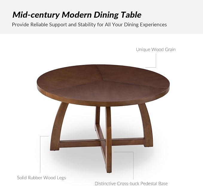 HULALA HOME 54 inch Round Dining Table for 6 People，Rustic Farmhouse Solid Wood Circle Dinner Tables for Small Spaces Dining Room Living Room Kitchen, Walnut