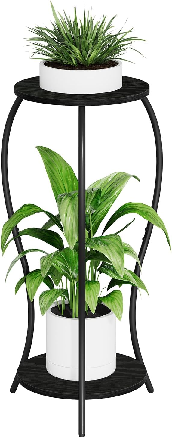 Plant Stand Indoor, 2 Tier Round Tall Plant Stand, Flower Pot Stand, Plant Shelf Rack, Corner Plant Stand for Planter Garden Balcony Patio Living Room, Black