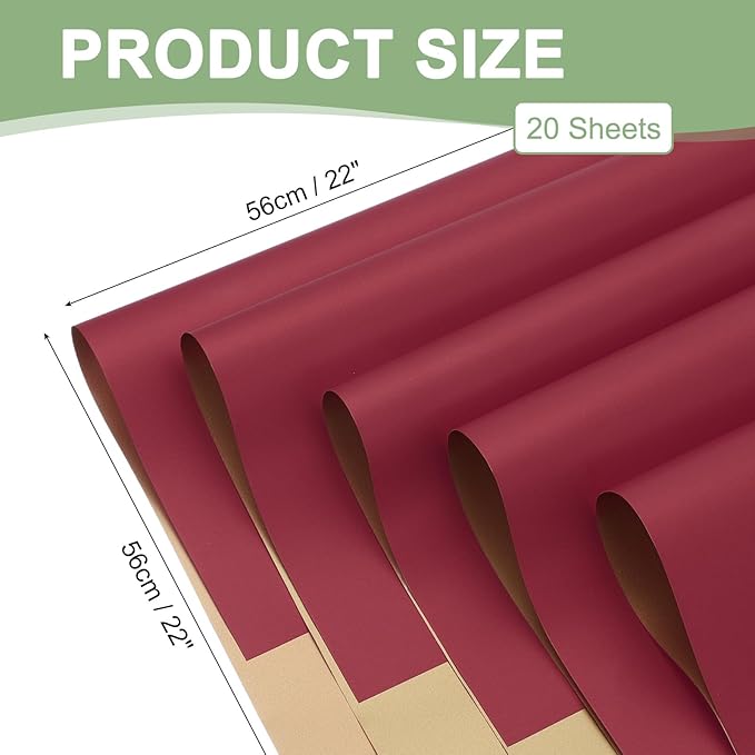 PATIKIL Flower Gift Wrapping Paper, 20 Sheets Double Sided Golden Waterproof Bouquet Paper Wrap Florist Supplies Packaging Floral Papers for Wedding DIY Craft Valentine, Burgundy/Gold