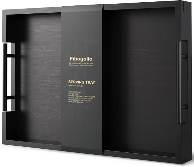 Fibogollo Bamboo Serving Tray with Metal Handles,17x12in Ottoman Decorative Trays Platter for Coffee Table,Living Room,Bar,Party,Large(Black)