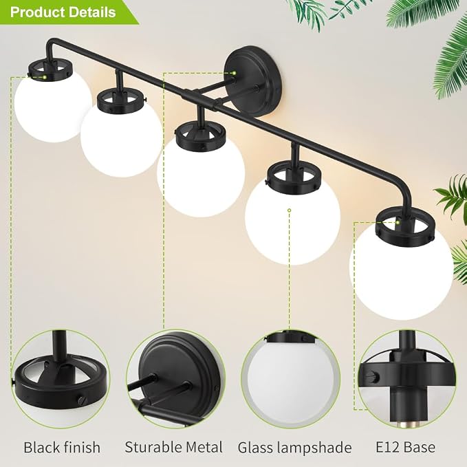 Bathroom Light Fixtures Over Mirror, 5-Light Matte Black Vanity Lighting with Milk White Glass Globe Shades Modern Wall Sconce