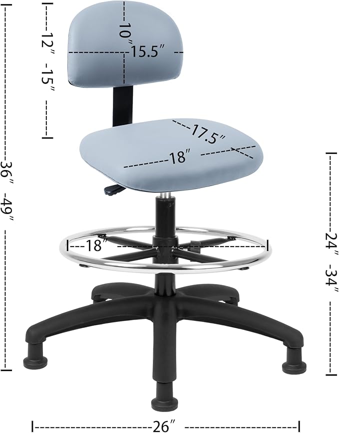 Chair Master FSS Series Square seat Tall (24"-34") seat Height Chair. Vinyl-for Office, Garage, Desk, Shop, Computer, Doctor, Medical, Easy to Clean! 18" Footring (Gray, Tall, Glides)