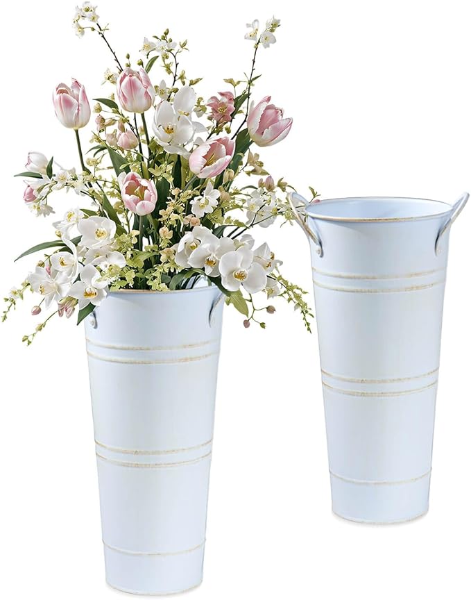 9 Inch Galvanized Metal Vases for Flowers - 2 Pcs Farmhouse Decorative Tall Flower Bucket with Handles, Rustic French Tin Planter Buckets for Wedding Decor (Vintage White)