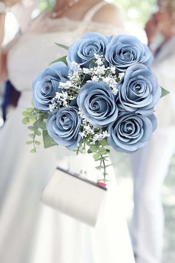 Artificial Rose Flower Artificial Flowers Flower with Long Stem Silk Roses Bouquet for Wedding Bridal Shower Party Home Decoration (Dusty Blue, 30 Pcs)