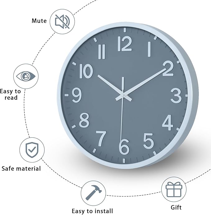 Wall Clocks Battery Operated 12 inch Modern Wall Clock,Silent Non Ticking Wall Clock for Living Room Bedroom Kitchen Office Classroom Decor (Gray White)