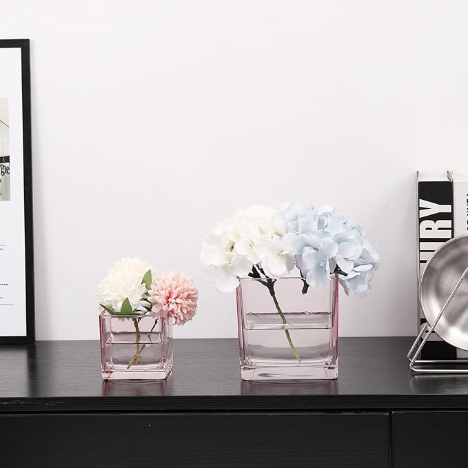 Square Vases Set of 6, 3"x 3"x 3" Glass Vases for Flowers, Square Flower Vase for Centerpieces, Small Pink Vase for Wedding, Party, Home Office Decoration