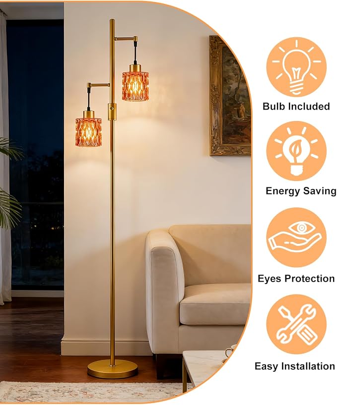 Lightdot 65IN Industrial Gold Floor Lamp for Living Room, 2- Light Deep Red Glass Floor Lamps with Warm White Bulbs, Modern Farmhouse Tree Standing Tall Lamp with 5Lbs Heavy Base for Bedroom