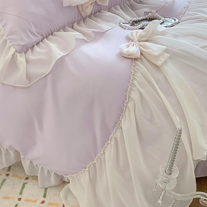 Chic Lace Bedding,Girls Twin Aesthetic Comforter Cover Set,Romantic French Princess Style Ruffled Duvet Cover with Lovely Bow with Zipper Closure-Purple,Twin