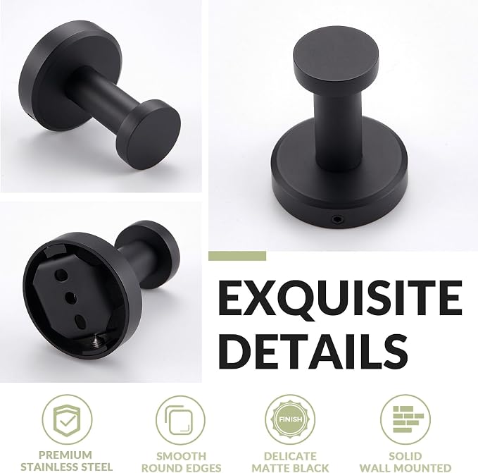 APLusee Matte Black Robe Towel Hook, 304 Stainless Steel Round Coat Hook for Home Storage, Wall Mount