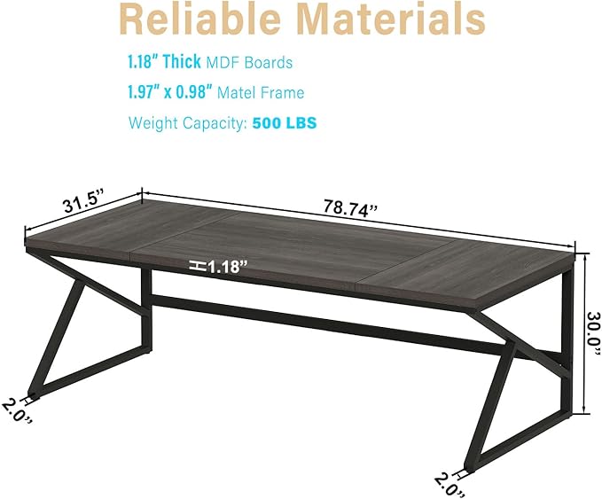 HSH Extra Long Home Office Desk, Industrial Metal Wood Computer Desk, Large PC Laptop Table for Two Person Executive Writing Work Study Gaming, Bedroom Living Room Dual Monitor Desk, Dark Gray,78 Inch