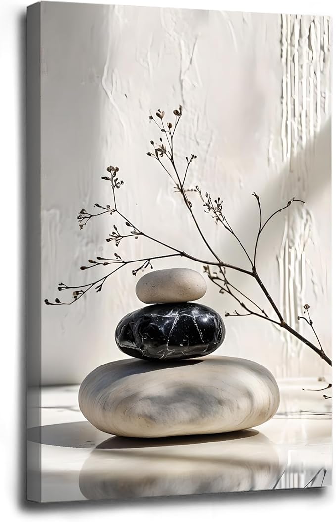 Gray and black stone pile and dried flowers poster canvas wall art in harmony Minimalist wall art for tranquil homes and mindful spaces 16x24in Wood Framed