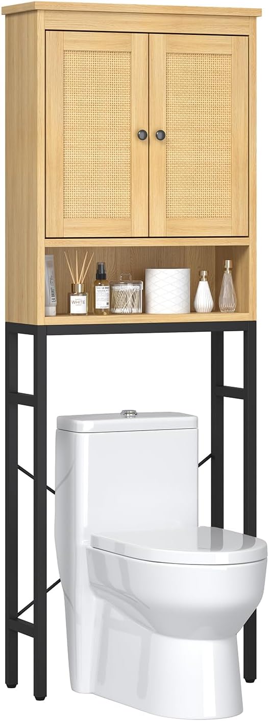 knoworld Rattan Over The Toilet Storage Cabinet, Metal Stand Above Toilet Bathroom Organizer, Behind Toilet Cabinet with Adjustable Shelf, Space Saver for Restroom, Bathroom, Laundry, Natural