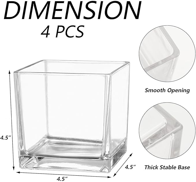 MARTAGE Square Glass Vases Set of 4, 5" x 5" x 5" Clear Flower Vases for Centerpieces, Square Vase for Flowers, Small Vase for Wedding, Party, Home Office Decoration