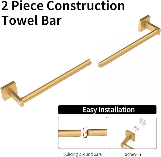 MKO Towel Bar for Bathroom, 24" Towel Racks for Bathroom Hanger Wall Mounted, Hand Towel Holder Rod with Metal for Kitchen Home, Gold 2 Pack