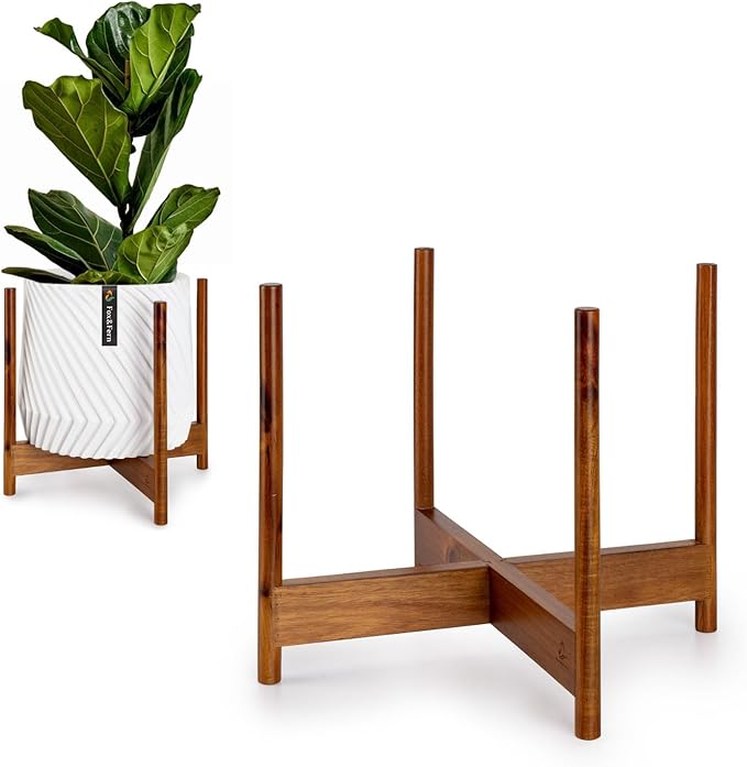 Fox & Fern Mid Century Plant Stand — 14.9 Inch Fixed Size Wooden Plant Stand for Indoor Planters (Not Included) - Extra Large Flower Pot Holder for Indoor Big Pots - Plug In Design - Acacia