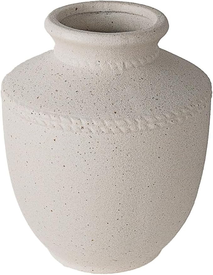 Farmhouse Ceramic Vase for Living Room Bedroom Antique White 7.45'' Flower Bouquet Vase for Fake Plant Home Decor Office Fireplace Centerpieces Rustic Retro Vintage Modern Gift Decoration
