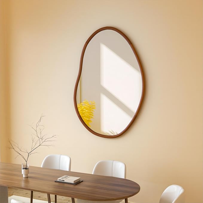 Irregular Wall Mirror Asymmetrical: Abstract Wood Frame 32x22 inch | Unique Vanity Glass Mirrors, Cloud-shape, Horizontal Vertical Hanging, Sleek Entryway Accent