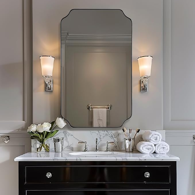 ANDY STAR Chrome Scalloped Mirror, 24x40 Inch Polished Silver Rectangle Mirror, Modern Bathroom Vanity Mirror with Rust-Proof Stainless Steel 1" Frame, Hangs Vertically/Horizontally