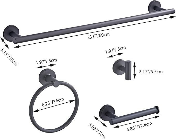 Matte Black Bathroom Hardware Set 5 Piece with Towel Racks for Bathroom, SUS304 Stainless Steel Bath Towel Bar Set, 24 Inch Wall Mounted Accessories Kit…