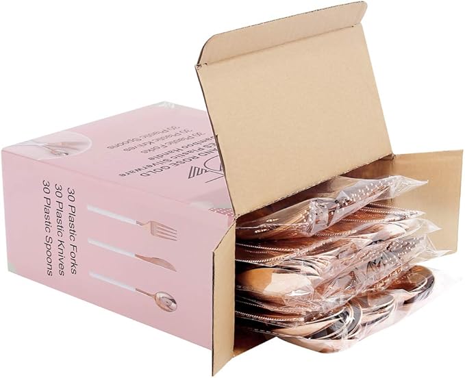 WDF 90Pieces Rose Gold Plastic Silverware - Rose Gold Plastic Cutlery with White Handle- Heavy Duty Disposable Silverware Include 30Forks, 30 Spoons, 30 Knives for Wedding, Party